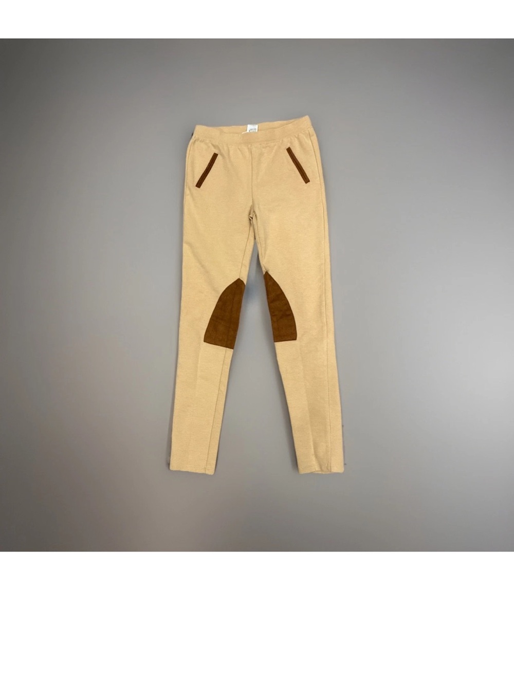 Beige Equestrian-Inspired Knit Pants with Brown Elbow Patches